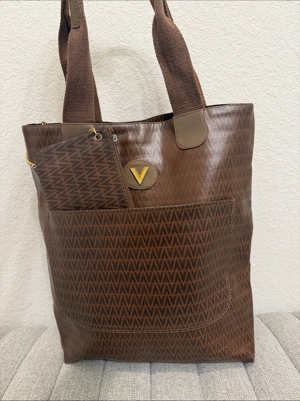 Valentino By Mario Valentino Brown Shoulder Bag Patterned Tote with Pouch